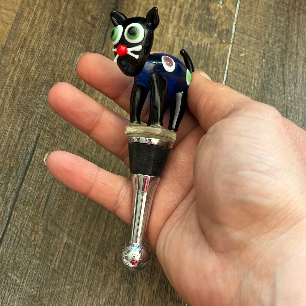 Whimsical Hand Blown Art Glass Black Cat Wine Bottle Stopper Blue Polka Dot 4.5"